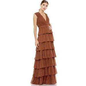 Ieena for Mac Duggal Sleeveless Plunge Neck Ruffle Tiered Gown in color Nutmeg